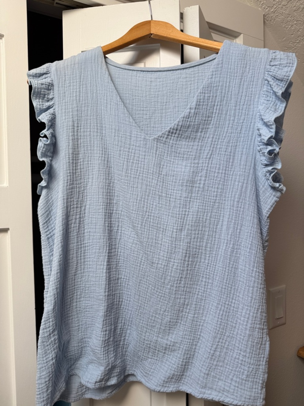 Light Blue Ruffle Sleeve Cotton Gauze Sleeveless Top - Women's Casual Tank